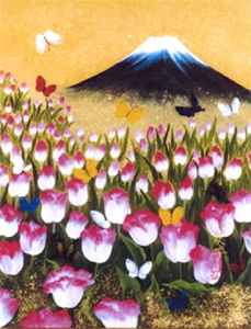 富士山にチューリップと蝶