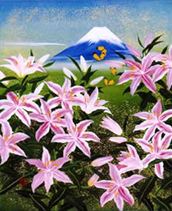 富士山にピンクの百合と蝶
